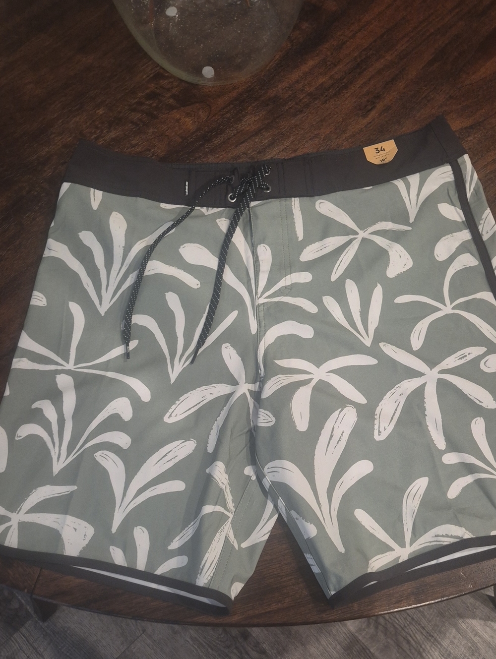 Men's Olive Green Floral Swim Trunks with Black Waistband